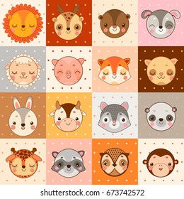 Cute poster on the topic of funny smiling animal baby faces. A sample of the card, poster, banner or the idea of design soft cover notebook textured polka dots. Cartoon vector close-up illustration.