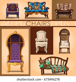 Cute poster on the topic of vintage chairs and sofas. Luxury furniture in Baroque or Rococo. The objects antique shop. Cartoon vector close-up illustration.