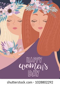 Cute poster in pastel color "International Women's Day" with flowers and fairy. Editable vector illustration