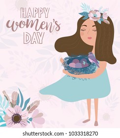 Cute poster in pastel color "International Women's Day" with flowers and fairy