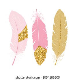 Cute poster with pink and gold glitter feathers. Vector hand drawn illustration.