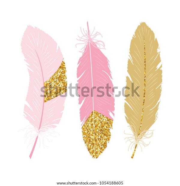 ピンクと金色の羽を持つかわいいポスター ベクター手描きのイラスト のベクター画像素材 ロイヤリティフリー 1054188605