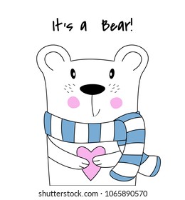 Cute poster with polar bear in hand drawn style. Sweet kids graphics for t-shirts.