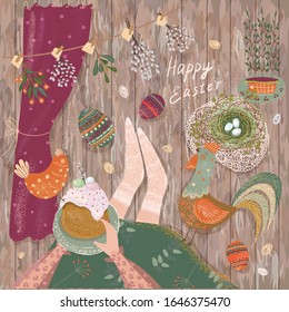 Cute poster, print, postcard, banner with cakes, chickens, willow, eggs for Easter.  Vector illustration for a happy Easter holiday.