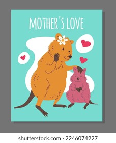 Cute poster with quokkas about mother's love flat style, vector illustration isolated on gray background. Adult and cub quokka Australian animals, hearts, decorative design