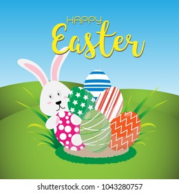 Cute poster for rabbit and Easter eggs hunt and colorful eggs set.with different texture. Happy easter eggs for flyers, invitation card and banner.Vector illustration.EPS 10