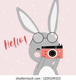 Cute poster with rabbit “Hello!”. Vector illustration