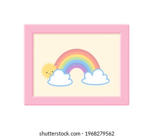 Cute poster with rainbow for nursery isolated on white background. Cartoon flat style. Vector illustration