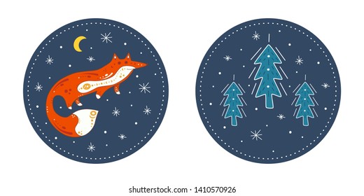 Cute poster with a red fox and fir on the background of winter. Isolated flat illustration of animal in doodle style. With a design element of spruce and stars.