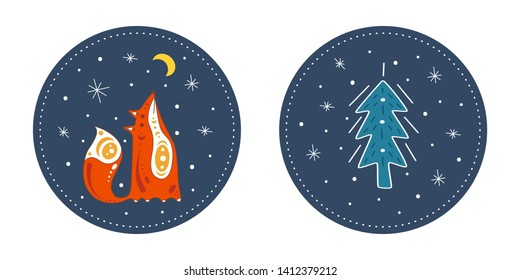 Cute poster with a red fox and fir on the background of winter. Isolated flat illustration of animal in doodle style. With a design element of spruce and stars.