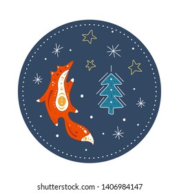 Cute poster with red fox on winter background. Isolated flat illustration of animal in doodle  style. With snowflakes and stars design element. -Vector