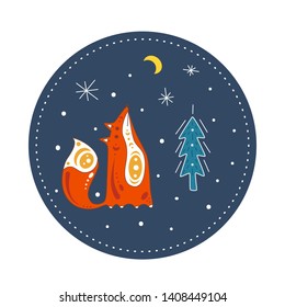 Cute poster with red fox on winter background. Isolated flat illustration of animal in doodle  style. With fir and stars design element. -Vector