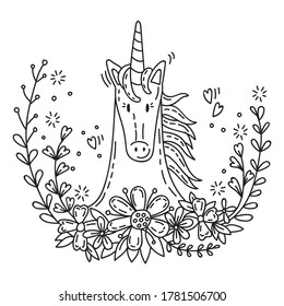 Cute poster with romantic unicorn in flowers in doodle style. Cartoon character. Vector stock illustration for apparel, print, design, greeting card, home decor, t shirt, decoration, coloring.