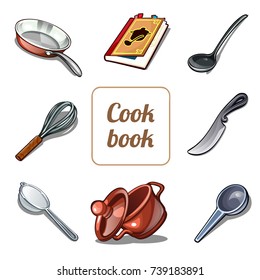 Cute poster with set of kitchen utensils and tools. Card, placard or banner on theme of food preparation. Sketch cover for cookbook or recipes food home cooking. Vector cartoon close-up illustration.