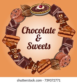 Cute poster with set of sweet pastries. Card, placard or banner on theme of holiday baking. Sketch cover for cookbook or recipes of chocolate cake, gingerbread mans, muffins. Vector cartoon close-up.