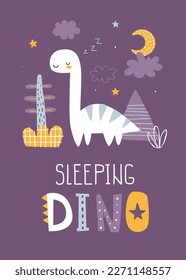 Cute poster with sleeping dino for kids bedroom. Scandinavian print with diplodocus dinosaur.