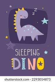 Cute poster with sleeping dino for kids bedroom. Scandinavian print with dreaming diplodocus dinosaur.