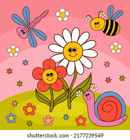 cute poster with smiling flowers and insect