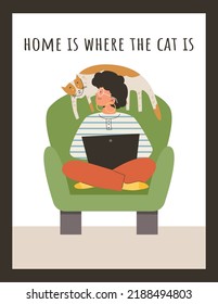 Cute poster with smiling girl sitting cross-legged with laptop, cat lies on back of chair flat style, vector illustration isolated on dark background. Friendship, pet lover, cat's behavior