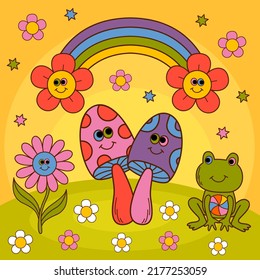 cute poster with smiling mushrooms, frog, rainbow, flower