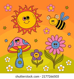 cute poster with smiling sun, flowers, bee, mushroom