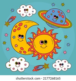 cute poster with smiling  sun, moon, planet, cloud