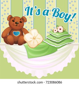 Cute poster with a soft toy and pillows in the room newborn boy. Sketch for invitation or greeting card for the birth of the child. Vector cartoon close-up illustration.