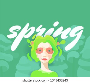 cute poster of spring girl surrounded by wavy patterns - Vector.Paper cut style