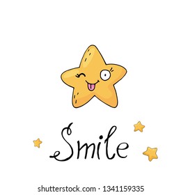 Cute poster with star on white background. Character and emotion in cartoon style. Hand draw elements in sketch style
