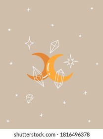 Cute poster in the style of boho, moon, stars, and crystals. Magic poster. Starry sky. Celestial