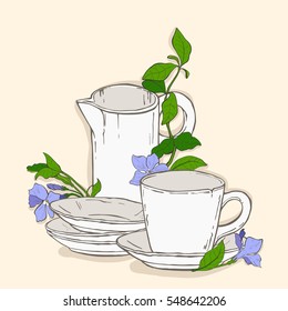 Cute poster with teapot and cup and flowers of periwinkle. Vector illustration