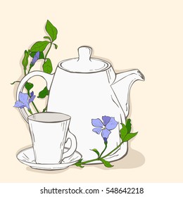 Cute poster with teapot and cup and flowers of periwinkle. Vector illustration