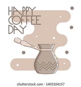 Cute poster template with a cezve and hand drawn lettering. Sparkling stars, coffee beans and brown blob in the background. Flat linear style illustration. Vector.