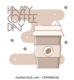 Cute poster template with a cup of coffee to go and hand drawn lettering. Sparkling stars, coffee beans and brown blob in the background. Flat linear style illustration. Vector.