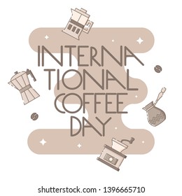 Cute poster template with a gazer coffee maker, french press, grinder, cezve and lettering. Sparkling stars, coffee beans and brown blob in the background. Flat linear style illustration. Vector.