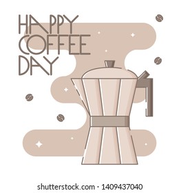 Cute poster template with a gazer coffee maker and hand drawn lettering. Sparkling stars, coffee beans and brown blob in the background. Flat linear style illustration. Vector.