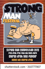 Cute poster template, illustration of a bodybuilder and annoying bee lifting weights