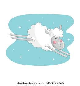 Cute poster template with a jumping sheep and sparkling stars. Blue blob in the background. Cartoon style illustration. Vector.