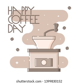 Cute poster template with a manual coffee grinder and hand drawn lettering. Sparkling stars, coffee beans and brown blob in the background. Flat linear style illustration. Vector.