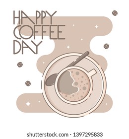 Cute poster template with a mug of coffee with a spoon and a saucer and hand drawn lettering. Sparkling stars, coffee beans and brown blob in the background. Flat linear style illustration. Vector.