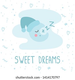 Cute poster template with a sleeping moon in a night cap, doodle elements and hand drawn lettering. Blue blob in the background. Doodle style illustration. Vector.