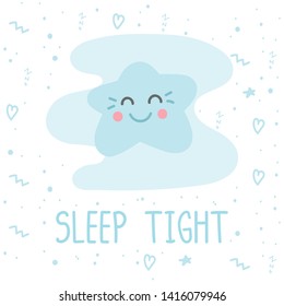 Cute poster template with a smiling star, doodle elements and hand drawn lettering. Blue blob in the background. Doodle style illustration. Vector.