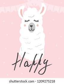 Cute poster templte with funny lama and lettering Happy