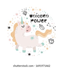 Cute poster with Unicorn. Isolated element for stickers, cards, invites and posters