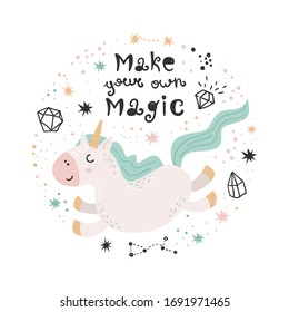 Cute poster with Unicorn. Isolated element for stickers, cards, invites and posters