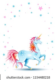 Cute poster with Unicorn and stars. Cartoon character. Vector illustration. Design element for childish accessories. Greeting card, print, emblem, label, book cover, mascot. Empty space for your text