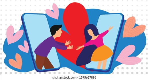 Cute poster, Valentine's Day, flat vector illustration of a couple in love. Technology spring love app smartphone. Flyer, congratulation, invitation, poster, brochure, banner, postcard, web.