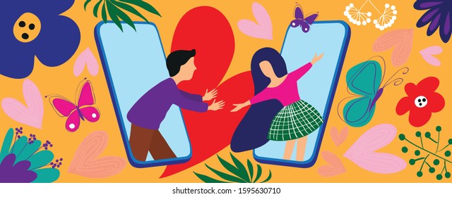 Cute poster, Valentine's Day, flat vector illustration of a couple in love. Technology spring love app smartphone. Flyer, congratulation, invitation, poster, brochure, banner, postcard, web.