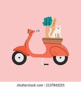 Cute poster with vintage scooter, cat and a shopping bag. Transport in the city, Italian style. Can be used in postcard or print design,  background etc. Colorful vector illustration.