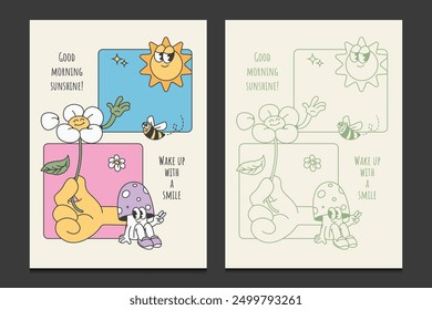 cute poster or wall art decor with playful cartoon characters, vector illustration